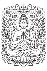 Buddha Meditating in Lotus Pose Surrounded by Floral Ornate Frame, Zen Buddhism Art