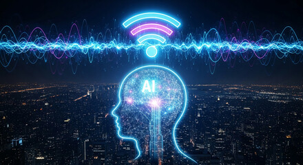 Digital head outline with AI symbol, networks and wifi icon over urban landscape, represents artificial intelligence, technology, and connectivity