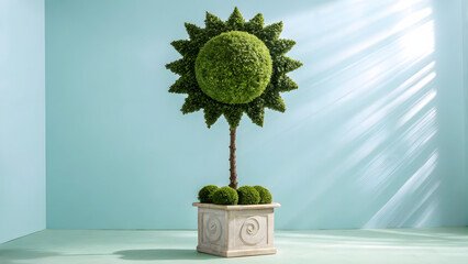 Sun shaped green topiary tree in decorative stone pot under soft sunlight on pastel blue background, artistic design concept