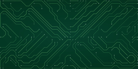 Vibrant Green Circuit Board Pattern with Emerald Lines and Small White Nodes Representing Digital Networks and Innovation