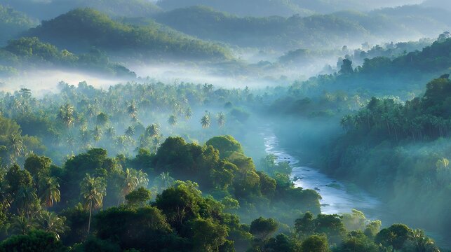 Misty tropical river winding through lush jungle with palm trees and dense vegetation