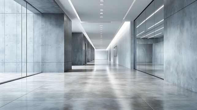 Modern concrete hallway with glass walls and polished floor under bright recessed lighting
