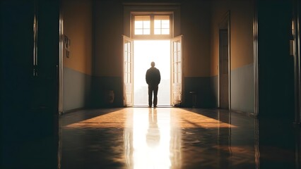 A lone silhouette stands in an open doorway at the end of a dim hallway, bathed in warm backlight and reflected on the glossy floor. Concept Silhouette Portrait, Dim Corridor Lighting