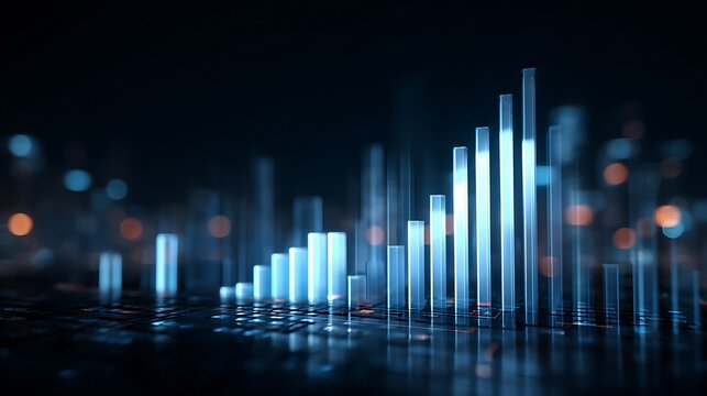 Rising transparent bar graph on a futuristic surface showing positive growth and advancement