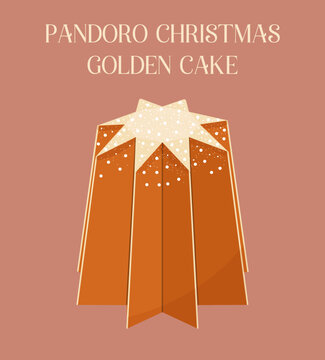 Golden pandoro christmas cake. Flat design of traditional italian star-shaped holiday dessert on beige background, isolated. Winter illustration for social media, cards, banners
