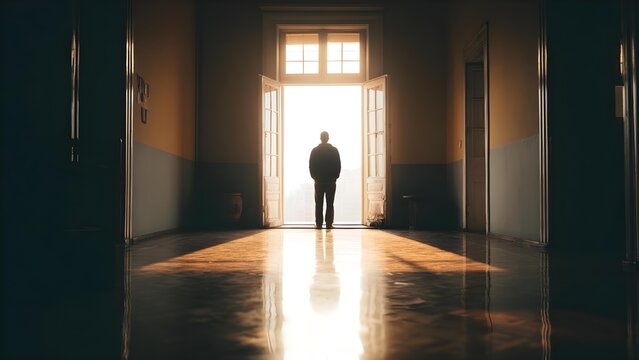 A lone silhouette stands in an open doorway at the end of a dim hallway, bathed in warm backlight and reflected on the glossy floor. Concept Silhouette Portrait, Dim Corridor Lighting