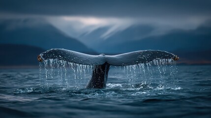 Humpback whale fluke diving deep into blue ocean waters. This captures ocean life and majestic beauty of whales.