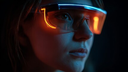 Futuristic woman wearing glowing neon augmented reality glasses, exploring digital future with vibrant orange and blue light