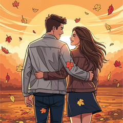Warm vector design of a young couple enjoying a sunset walk in a leafy park.