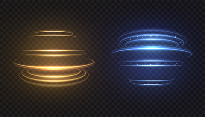 Circular glow effects of yellow and unforgettable blue swirls of light with a soft trail and shimmer against a dark background; suitable for backlighting, HUD frames, logos, and motion design.