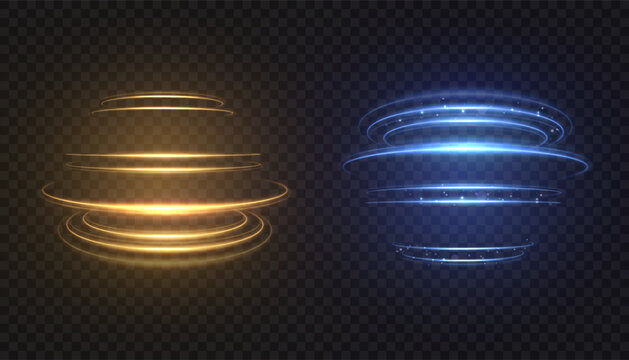 Circular glow effects of yellow and unforgettable blue swirls of light with a soft trail and shimmer against a dark background; suitable for backlighting, HUD frames, logos, and motion design.