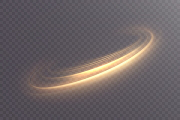 A golden, curved light trail with a soft glow on a transparent background. A vibrant, arched swirl with glittering highlights for overlays, titles, and abstract designs. © Valeriia