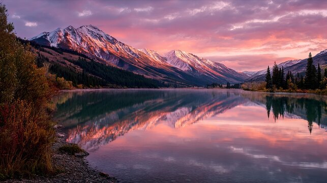 Majestic snow-capped mountains bathed in vibrant sunset hues reflected perfectly on serene lake waters