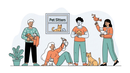 Happy pet owners and sitters enjoying time with their adorable furry friends