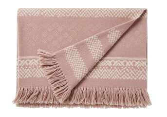 Isolated pink decorative throw blanket with fringe, patterned, on a solid background