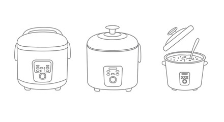 Line art illustration of three different styles of electric rice cookers