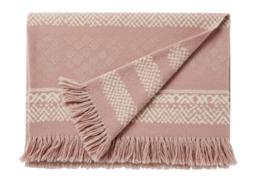 Isolated pink decorative throw blanket with fringe, patterned, on a solid background