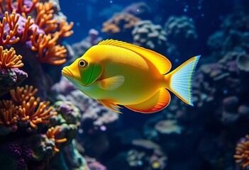 Vibrant tropical fish swimming in coral reef aquarium, betta, surgeonfish