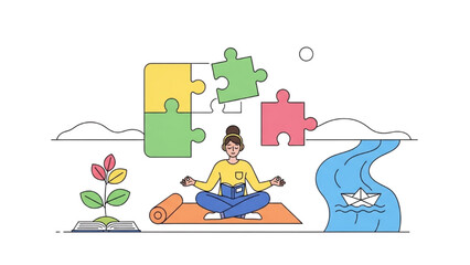 Meditating Woman Near Nature with Puzzle Piece and Book