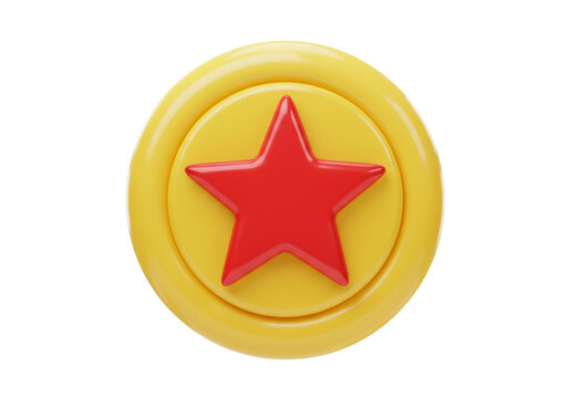 Isolated Toy Story's Pizza Planet symbol, a red star set on a yellow disc shape, iconic motif