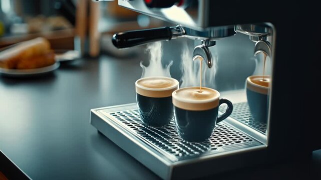 Coffee machine pouring two cups of espresso, steaming hot drink being made, home or cafe beverage preparation footage