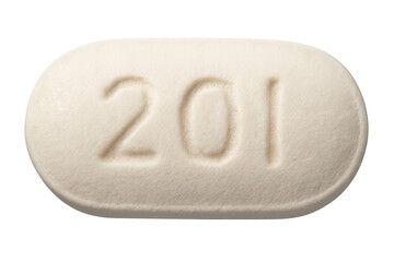 White oval pill with 201 marking on transparent background, symbolizing medication, dosage, and pain relief