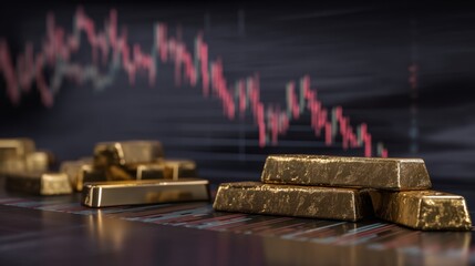 Gold Bars on Stock Market Background with Downward Trend Graphic