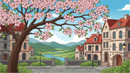 Charming European Village Scenery with Blossom Trees and Rolling Hills