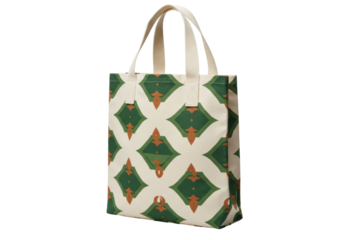 Isolated fabric tote bag with green, brown, and ivory geometric pattern design on canvas