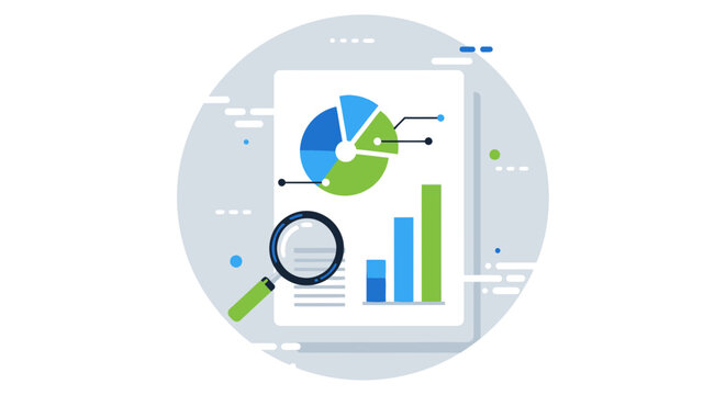 A magnifying glass examines a chart and graph on a document, representing business analysis.