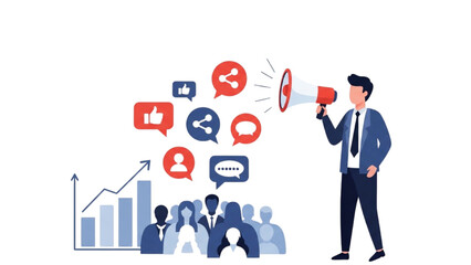 Businessman shouting into a megaphone for a successful social media marketing campaign
