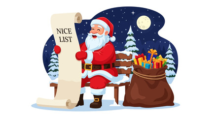 Santa Claus on Bench with Long Nice List Illustration