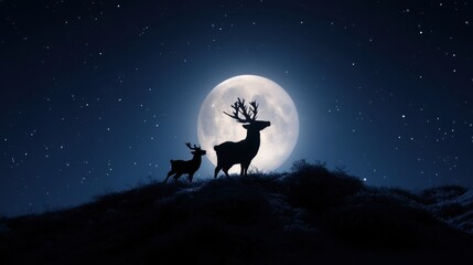 Majestic Deer Silhouette Under Full Moon in Night Sky Landscape