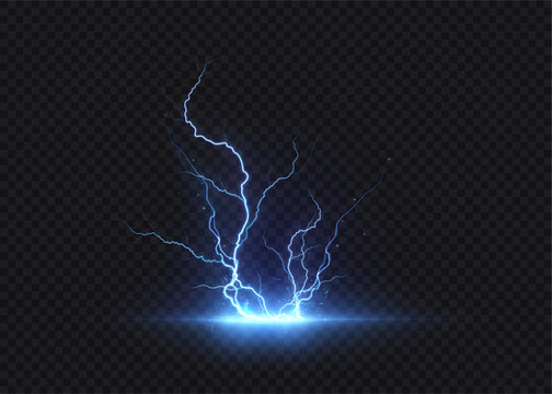 Blue vector lightning with branching arcs and a vibrant glow for dark backgrounds. An energetic effect for overlays, visual effects, and sci-fi interfaces.