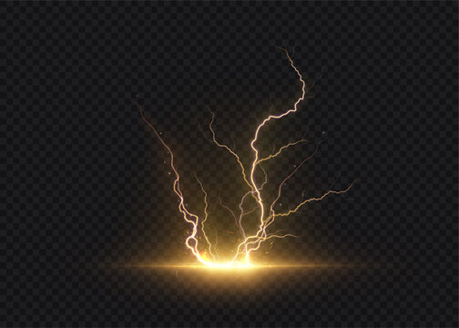 A bright yellow vector lightning bolt with branching arcs and a vibrant glow for a dark background. An energetic effect for overlays, visuals, and sci-fi-themed interfaces.
