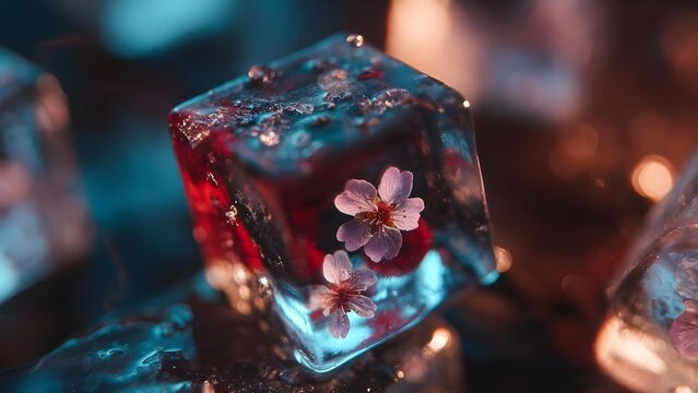 Ice cube containing tiny pink blossoms frozen inside, illuminated by blue and warm orange light. Concept Frozen pink blossoms inside an ice cube, Blue and warm orange light on ice - Powered by Adobe