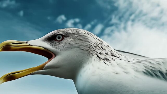 Extremely close up view of an aggressive seagull squawking loudly. The wild bird is flapping its wings against a cloudy sky