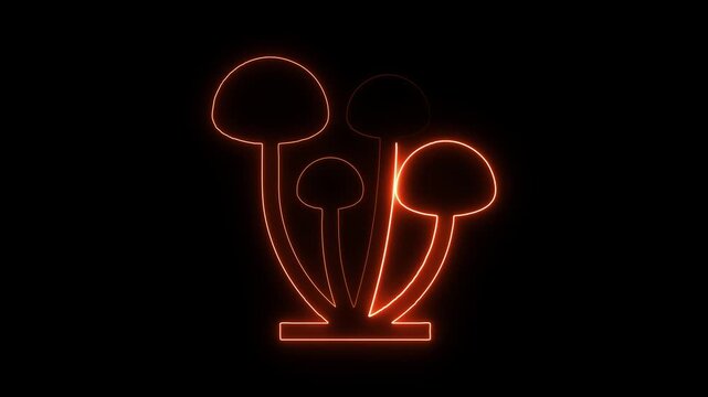 Abstract glowing neon orange mushroom cluster outline animation on black background psychedelic organic growth