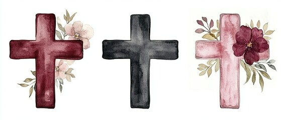 Cole&ccedil;&atilde;o de cruzes em aquarela com flores, minimalista, para design sobre a Semana Santa, Sexta-feira Santa e P&aacute;scoa