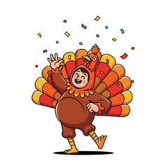 A person in a turkey costume dances joyfully as confetti falls, celebrating Thanksgiving with a cheerful expression.