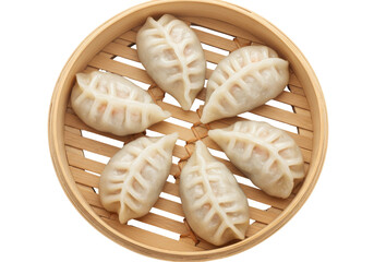 Isolated Chinese dumplings in bamboo steamer, Asian cuisine, close-up, delicious appetizer