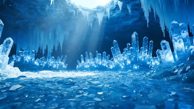 Enchanting Blue Ice Cave with Shimmering Light and Frozen Formations.
