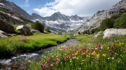 Mountain view above clouds flowers and blooming bushes at sunset sunbeams. Calm close-up beautiful landscape, screensaver background, Beautiful panorama. Summer vacation, holiday, amazing nature.