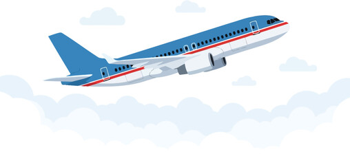 A blue and white airplane soars through the sky amidst soft clouds.