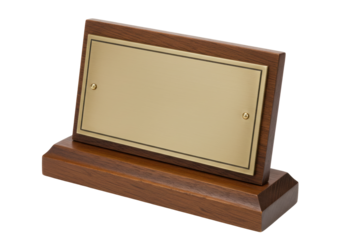 Isolated Desk name plate with blank surface and brown wooden base for text engraving
