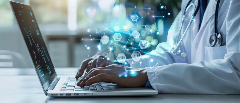 Doctor using laptop with holographic medical data visualization. Concept of healthcare technology, digital medicine, innovation, and data analysis.