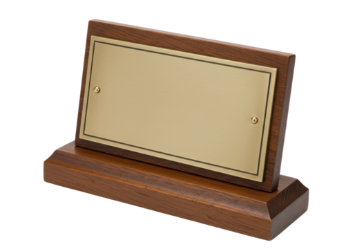 Isolated Desk name plate with blank surface and brown wooden base for text engraving