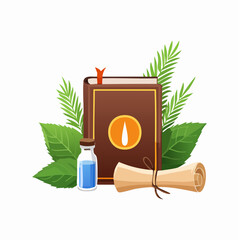 Vintage Book, Potion Bottle, and Scroll Surrounded by Green Leaves - A Magical Illustration