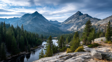 Mountain view above clouds flowers and blooming bushes at sunset sunbeams. Calm close-up beautiful landscape, screensaver background, Beautiful panorama. Summer vacation, holiday, amazing nature.