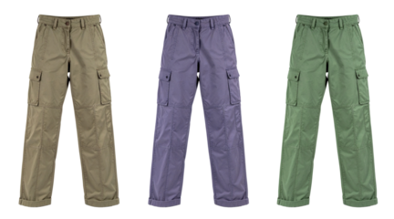 set of cargo long pants in three colors isolated on white background
